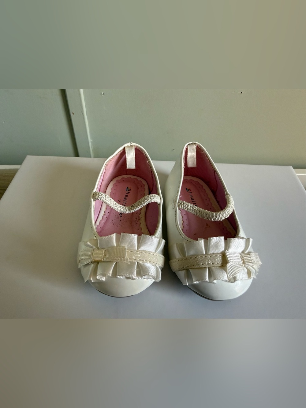 healthtex White Girls' Dress Flats with Pink Interior and Bow